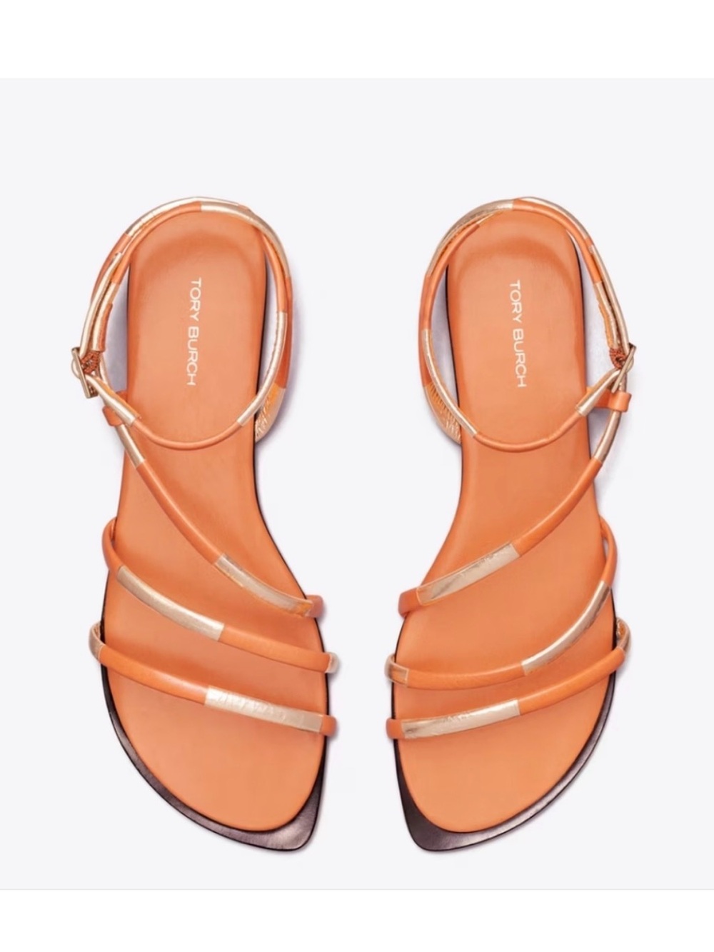 Tory Burch Orange and Gold Multi-Strap Flat Sandals